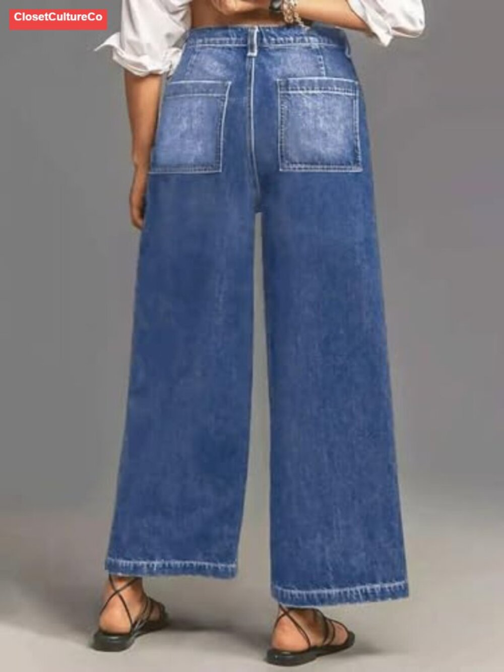 Wide Leg High Waisted Stretchy Ankle Denim Pants Raw Hem Baggy Jeans - Picture 2 of 3